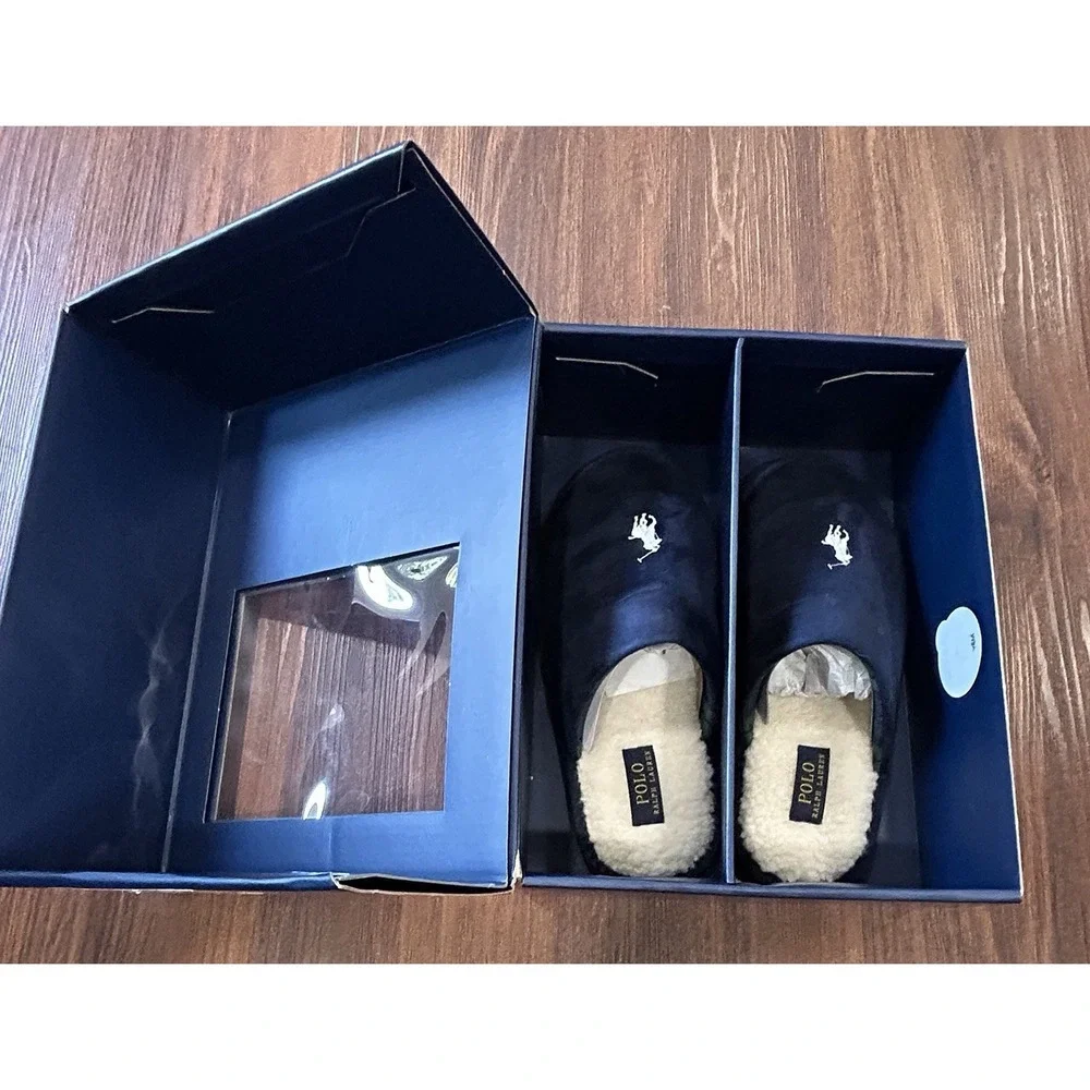 Polo Ralph Lauren Men's Klarence Scuff Slippers Navy, White Pony Sz 8 New In Box